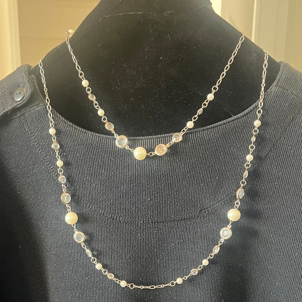 Long Silver tone necklace with Pearl and crystal accents